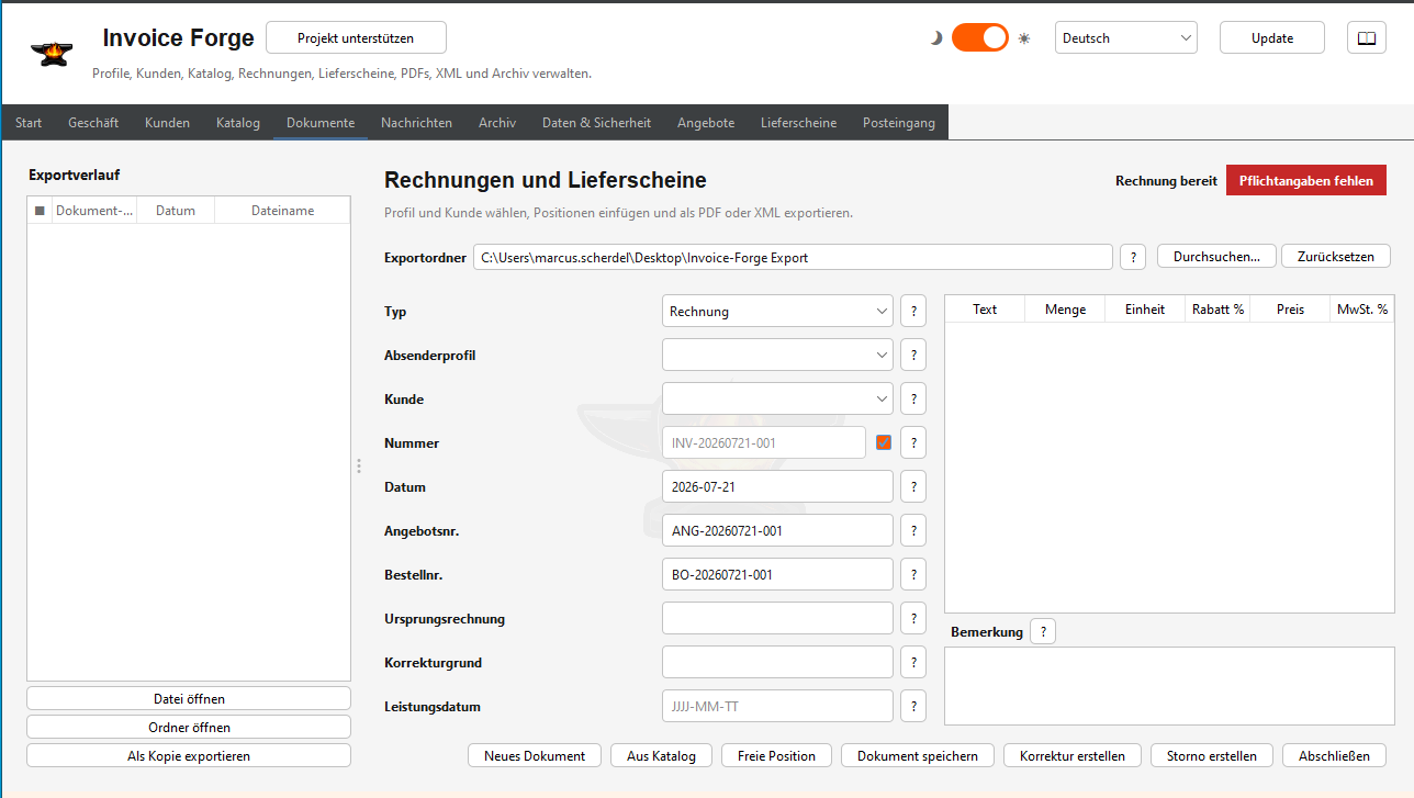 Invoice Forge bei der Erstellung einer Rechnung oder eines Lieferscheins